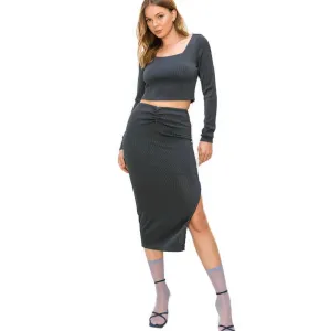 Women's Ribbed Long Sleeve Square Neck Top & Bodycon Midi Skirt Set