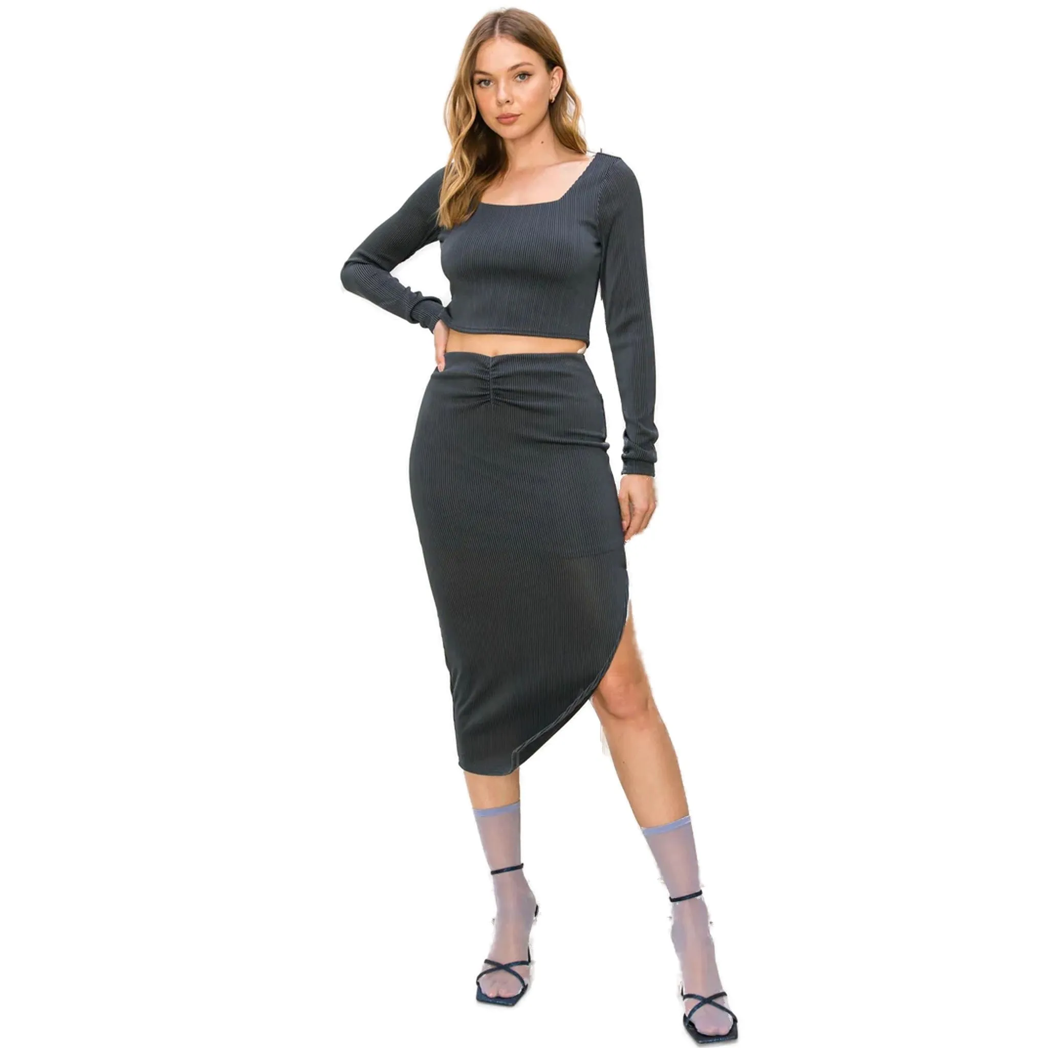 Women's Ribbed Long Sleeve Square Neck Top & Bodycon Midi Skirt Set