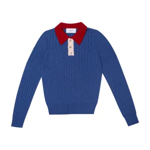 Wool Seamless Knit Poloshirt, Blue and Red