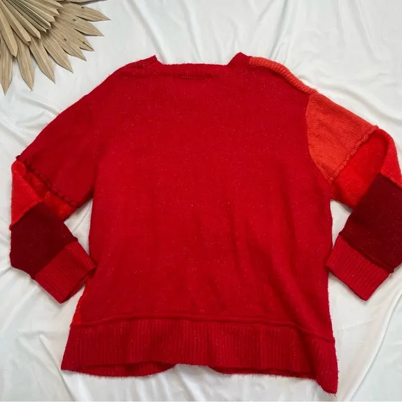 Zara Knit Red Orange Patchwork Cable Knit Oversized Soft Crew Neck Sweater Small