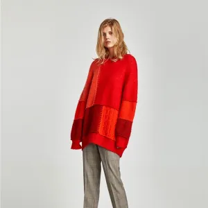 Zara Knit Red Orange Patchwork Cable Knit Oversized Soft Crew Neck Sweater Small