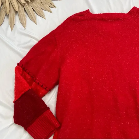 Zara Knit Red Orange Patchwork Cable Knit Oversized Soft Crew Neck Sweater Small