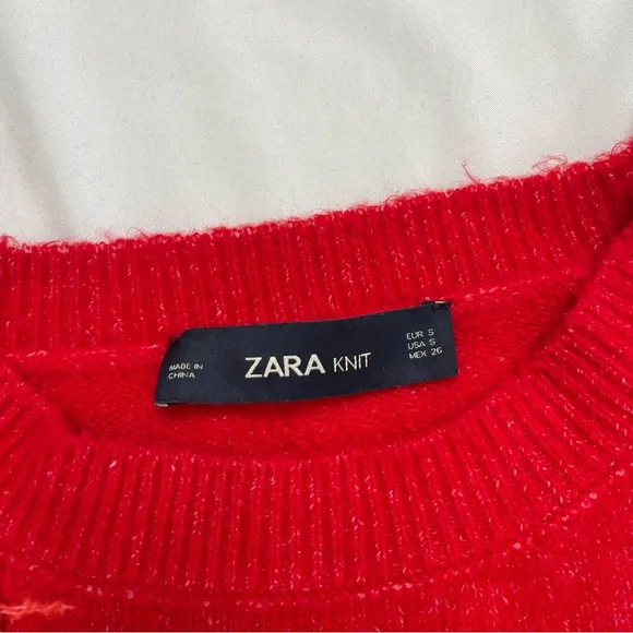 Zara Knit Red Orange Patchwork Cable Knit Oversized Soft Crew Neck Sweater Small