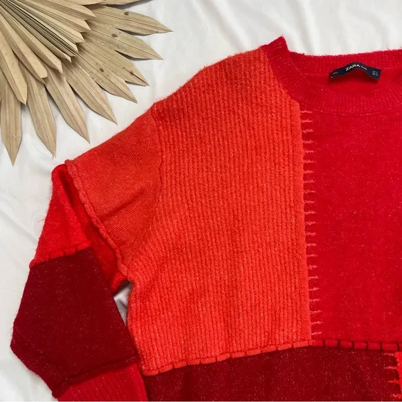 Zara Knit Red Orange Patchwork Cable Knit Oversized Soft Crew Neck Sweater Small