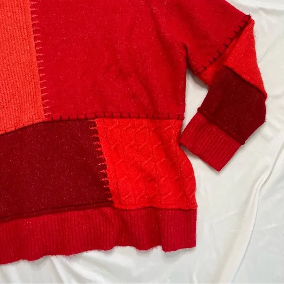 Zara Knit Red Orange Patchwork Cable Knit Oversized Soft Crew Neck Sweater Small